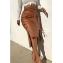 Creative Women's Solid Color Mid Length Sexy Slim Fitted PU Skirt