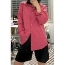 Girl Urban Solid Color Long Sleeve Lapel Loose Breasted Shirt