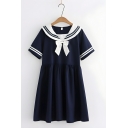 Pretty Girl's Striped Patterned Short Sleeve Loose Fitted A-Line Dress