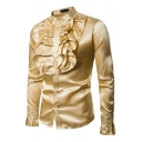 Retro Men's Glossy Large Lace Solid Color Long-sleeved Shirt