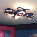 Blue Kids Ceiling Fan, Flush Mount, Dimmable LED Light Remote Control