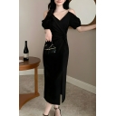 Elegant Woman Solid Color Light Familiar V-neck Slim Slit Suspender Dress
