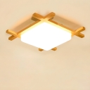 Yellow LED Flush Mount Wood Ceiling Light with White Acrylic Shade