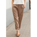 Casual Girls Solid Color Straight Mid-waist Large Pockets Pants