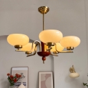 Wooden Vintage Living Room Chandelier with Glass Lampshade & Adjustable Hanging Length