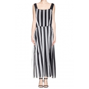 Black and White Vertical Stripe Tie Waist Maxi Dress