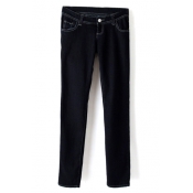 Black Concise Elastic Female Jeans with Embroidery on Rear Pockets