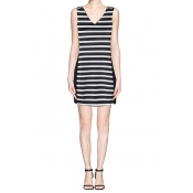 Black and White Stripe V-neck Bodycon Dress with Button Shoulder