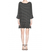 Black and White Stripe 3/4 Sleeve Peplum Hem Mini Dress