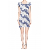 Blue Short Sleeve Shift Dress in White Lily Print