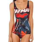 Red and Black Batman Print Scoop Neckline Straps One Piece Swimsuit