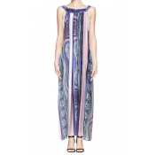 Colorful Stripe Sleeveless Maxi Dress in Paisley Print