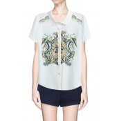 Printed Point Collar Button Front Short Sleeve Shirt
