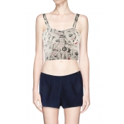 Newspaper Style Print Strap Bralet with Side Zipper