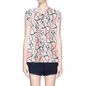 Printed Button Front Sleeveless Blouse with Collar