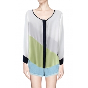 Color Block Collarless Shirt with Concealed Button Placket