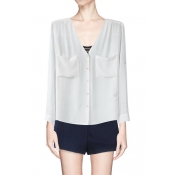 Collarless V-neck Button Up High-low Shirt with Pockets