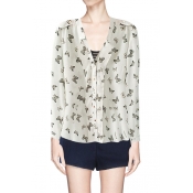 White Butterfly Print V-neck Button Up Shirt with Shoulder Detail