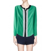 Green Collarless Long Sleeve Shirt with Contrast Placket