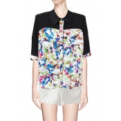 Floral Print Panel 1/2 Sleeve Shirt with Embroidered Collar