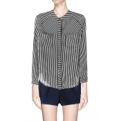 Inclined and Vertical Stripes Stand Collar Shirt with Pockets