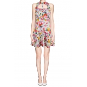 Cut Out Button Front Collared Floral Print Dress