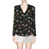 Colorful Bird Print Pocket Front Chiffon Shirt with Button