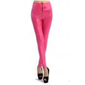 Solid High Rise Zipper Fly Ankle Leggings with Elastic Waist
