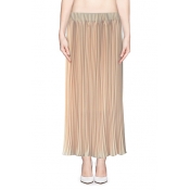 Solid Elastic Waist Maxi Pleated Chiffon Skirt