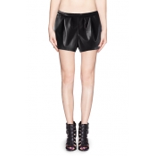 Elastic Waist Leather-look Culotte Shorts with Pocket