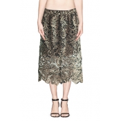 3D Flower Embroidered Skinny Midi Skirt with Elastic Waist