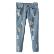 Ripped Zip Fly Light Wash Crop Jeans with Whiskering