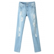 Light Wash Ripped Mid Rise Straight Jeans