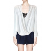 Solid Wrap Front Dip Back Blouse with Faux Pocket