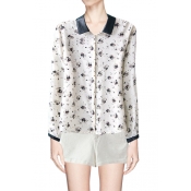 Contrast Faux Leather Collar and Cuffs Floral Print Shirt