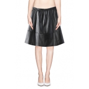 PU Leather Elastic Waist Midi Skirt with Pocket