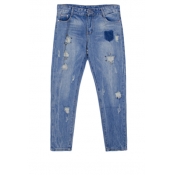 Studded Detail Straight Leg Zip Fly Distressed Jeans