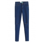 Busted Knee Dark Wash Mid Rise Jeans with Pocket