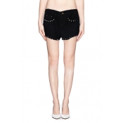 Solid Studded High Waist Skinny Shorts with Pockets