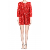 Red Button Front Long Sleeve Dress in Floral Print