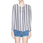 Stand Collar Stripe Print Concealed Placket Blouse