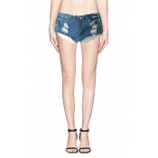 Denim Low Waist Zipper-fly Ripped Disco Shorts with Pockets