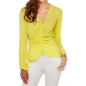 Yellow V-neck Twist Front Long Sleeve Blouse