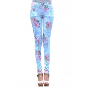 Fashionable Floral Print Zip Fly Skinny Jeans
