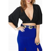 Plunging V-neck Open Back Kimono Sleeve Crop Top
