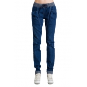 Elastic Drawstring Harem Jeans with Roll Up Cuff