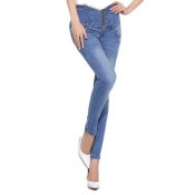 Solid High Waist Skinny Jeans with Whiskering
