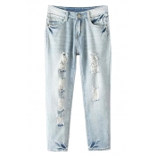 Zipper-fly Loose Crop Jeans with Ripped Detail and Pockets