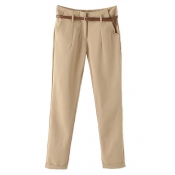 Plain Zipper-fly Cuffed Hem Skinny Trousers with Belt