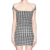 Boat Neck Short Sleeve Mini Dress in Houndstooth Print